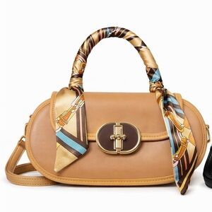 Elegant Tan Handbag with Scarf Accent